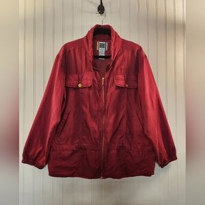 Vintage EVR Women's Red 100% Silk Parka Jacket Size L Lined Brass Zipper Light